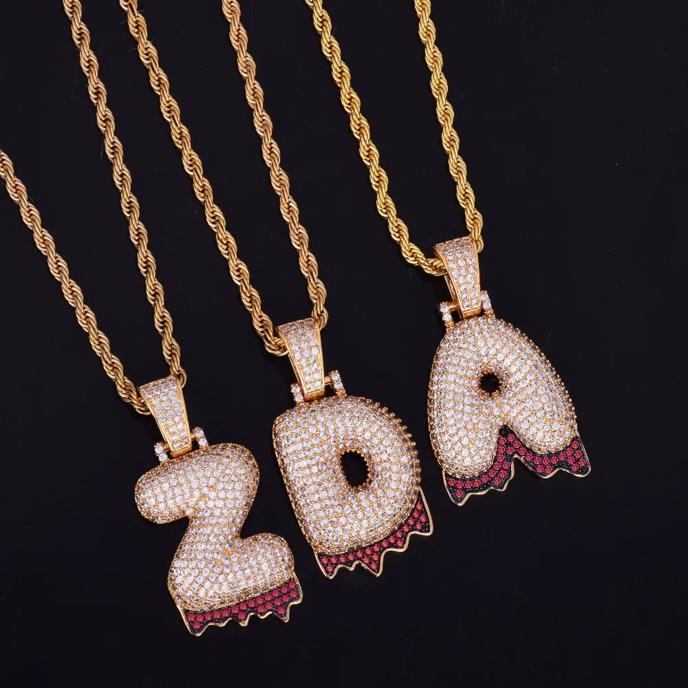 Single Red Color Dripping Bubble Letters Necklaces & Pendant For Men Women Gold Color Cubic Zircon Hip Hop Jewelry