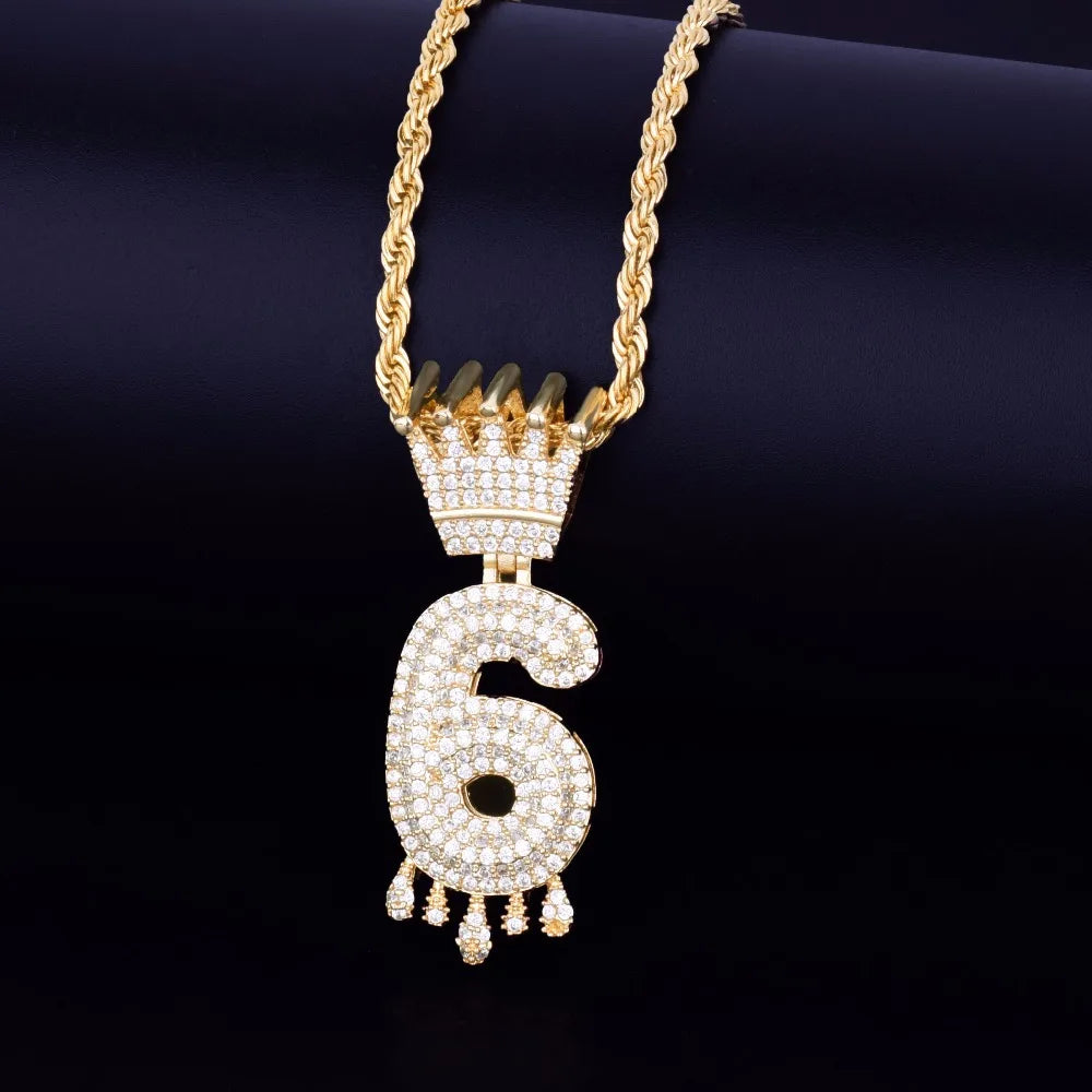 Crown Bail Drip Initials Bubble Number Chain Necklaces & Pendant For Men Women Gold Color Cubic Zircon Hip Hop Jewelry