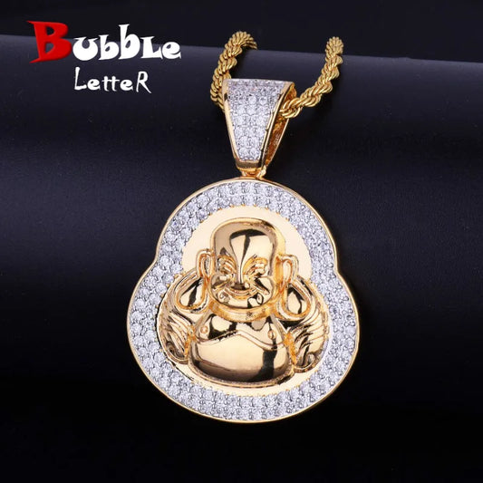 Religious Buddha Pendant Necklace Charms Gold Color Cubic Zircon Men's Hip Hop Jewelry