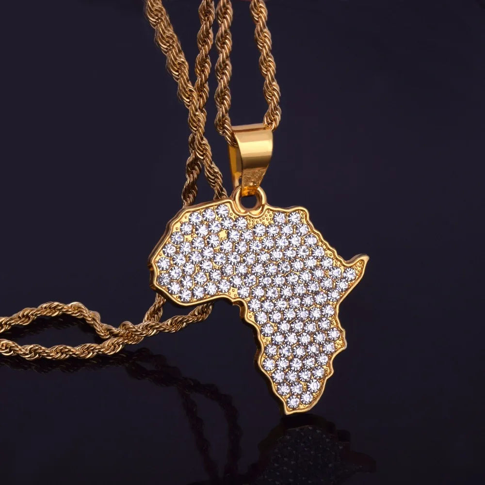 Africa Map Pendant Necklace Bling Rhinestone Crystal Gold Color Hip Hop Chain For Men/Women Gift African Jewelry Wholesale