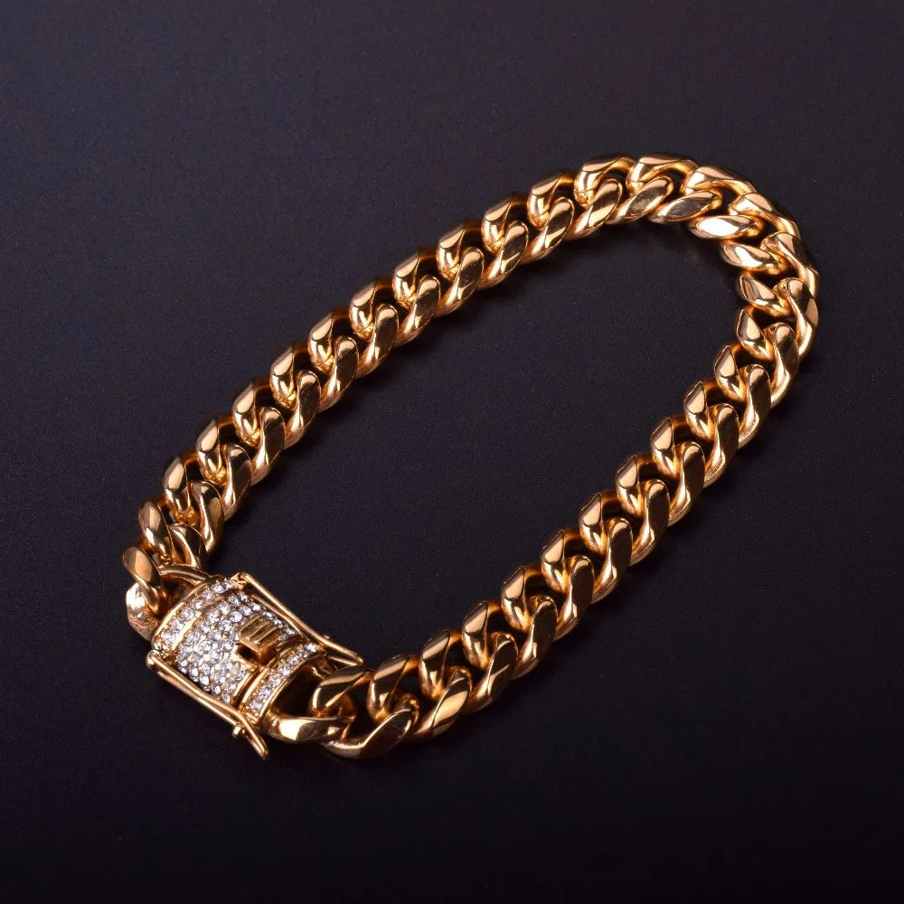 Bubble Letter Men's Stainless Steel Cuban Miami Link Bracelet Iced Rhinestone Clasp Gold Color Hip hop Bracelet Chain 21.5CM