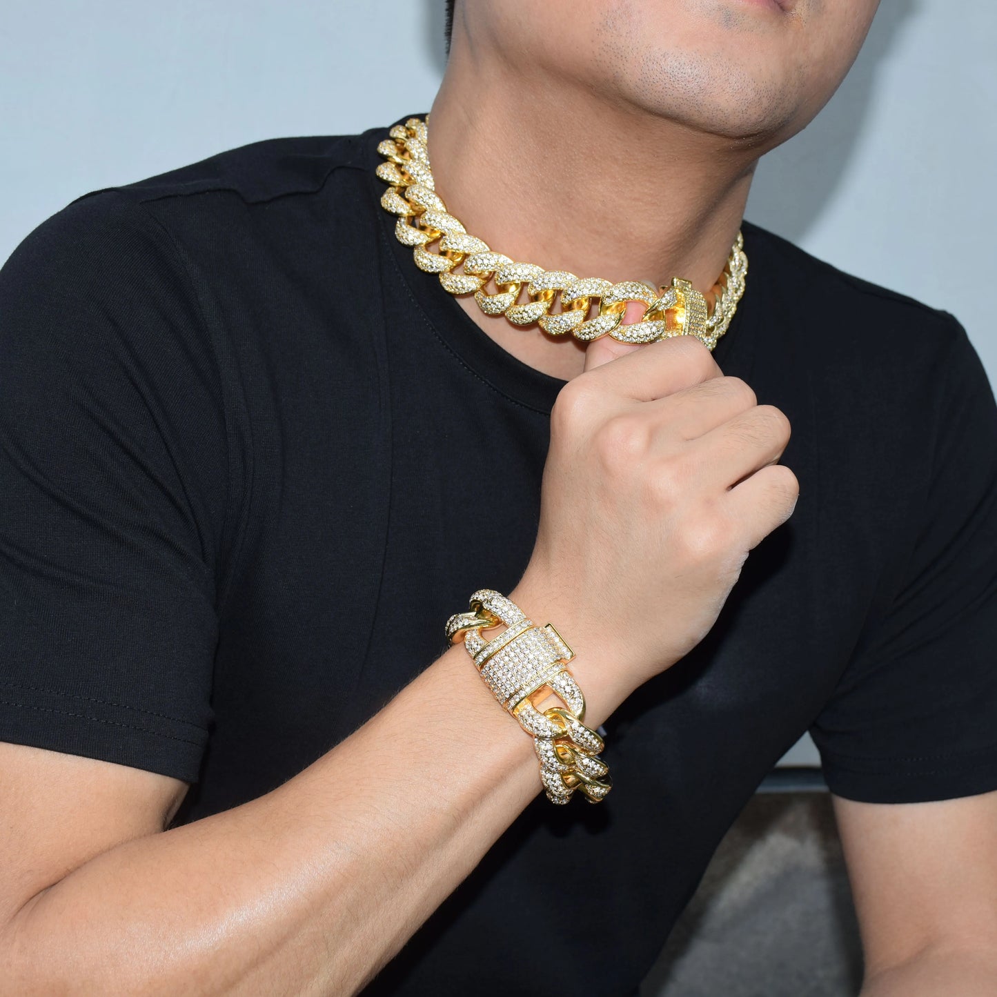 Bracelet & Necklace Jewelry Set Gold Color Cubic Zirconia For Men's Hip Hop Rock