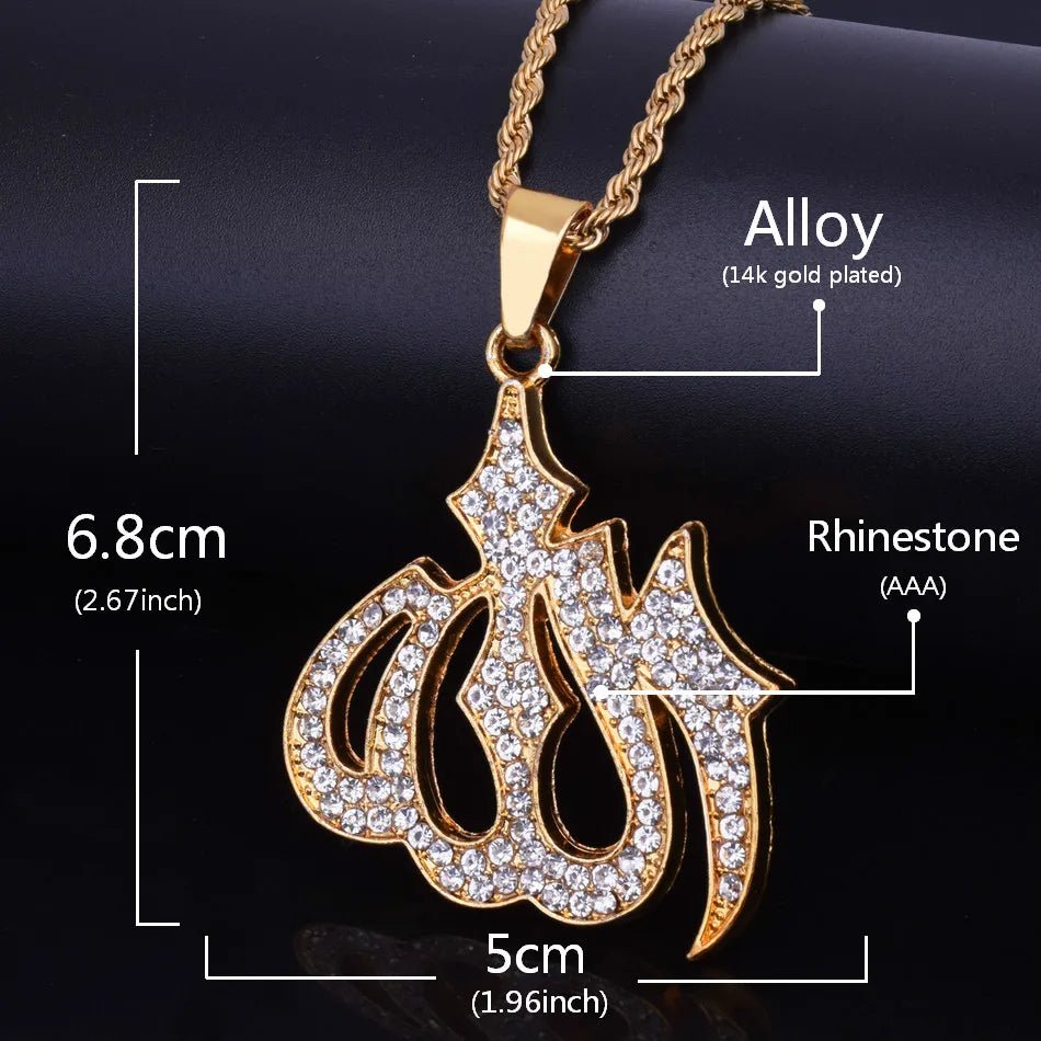 Religious Muslim Jewelry Hip Hop Style Gold Color Bling Crystal Islamic Allah Necklaces & Pendants For Men/Women