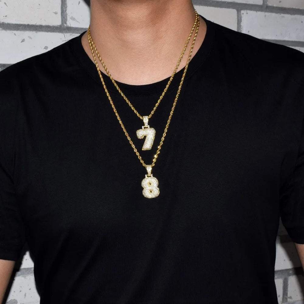 0-9 Single Bubble Numbers Necklaces & Pendant Charm For Men Women Gold Color Cubic Zircon Hip Hop Jewelry Gifts