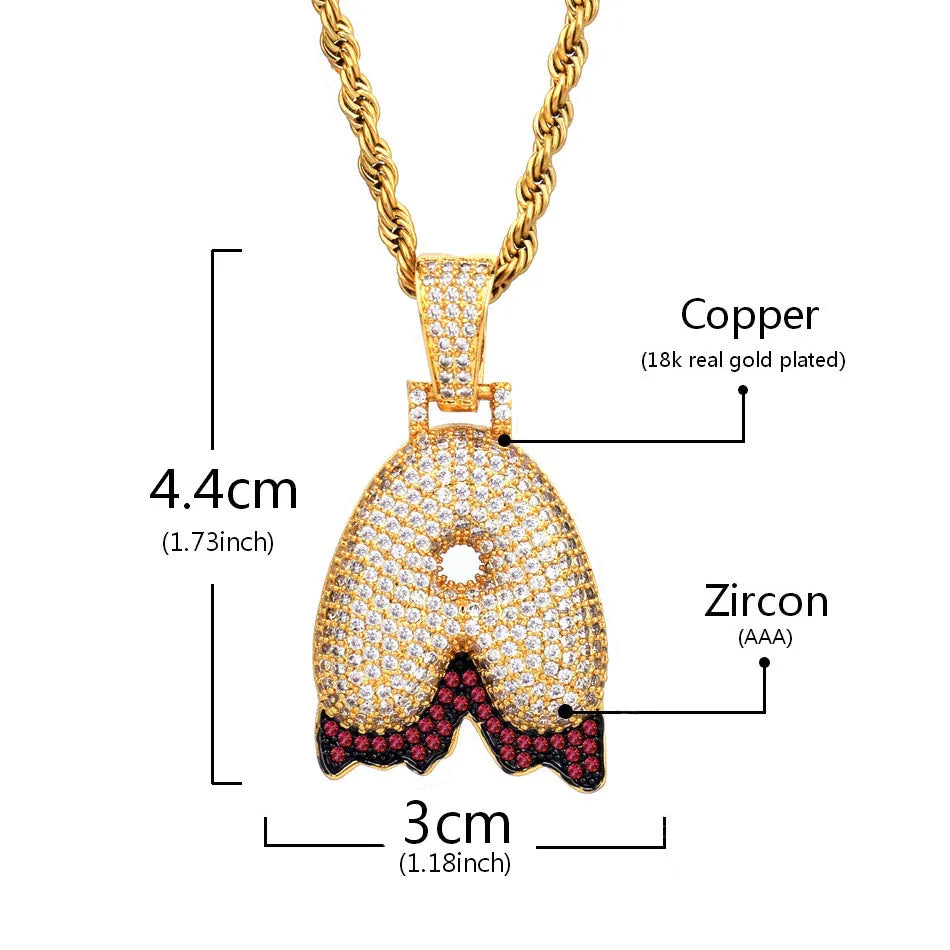 Single Red Color Dripping Bubble Letters Necklaces & Pendant For Men Women Gold Color Cubic Zircon Hip Hop Jewelry