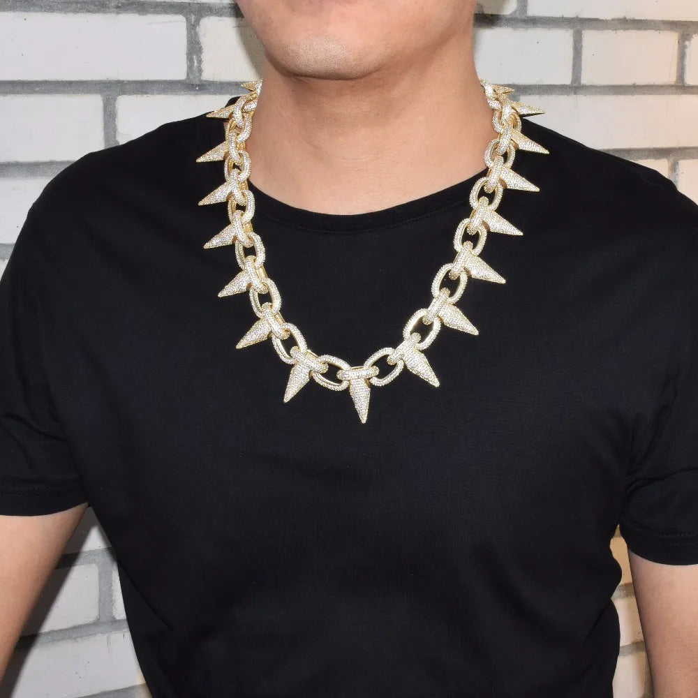 Iced Heavy Punk Rivet Choker Bling Cubic Zircon Men's Hip hop Necklace Jewelry Gold Color Chain 18" 20"