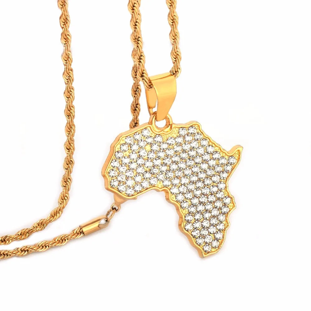 Africa Map Pendant Necklace Bling Rhinestone Crystal Gold Color Hip Hop Chain For Men/Women Gift African Jewelry Wholesale