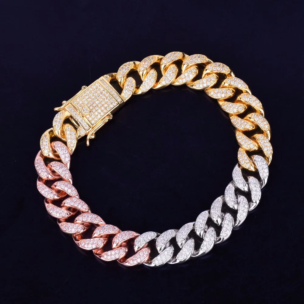 Mixed Color Miami Cuban Chain Bracelet Men's Hip hop Jewelry AAA Zirconia Colorful Bracelets 7" 8" 9"