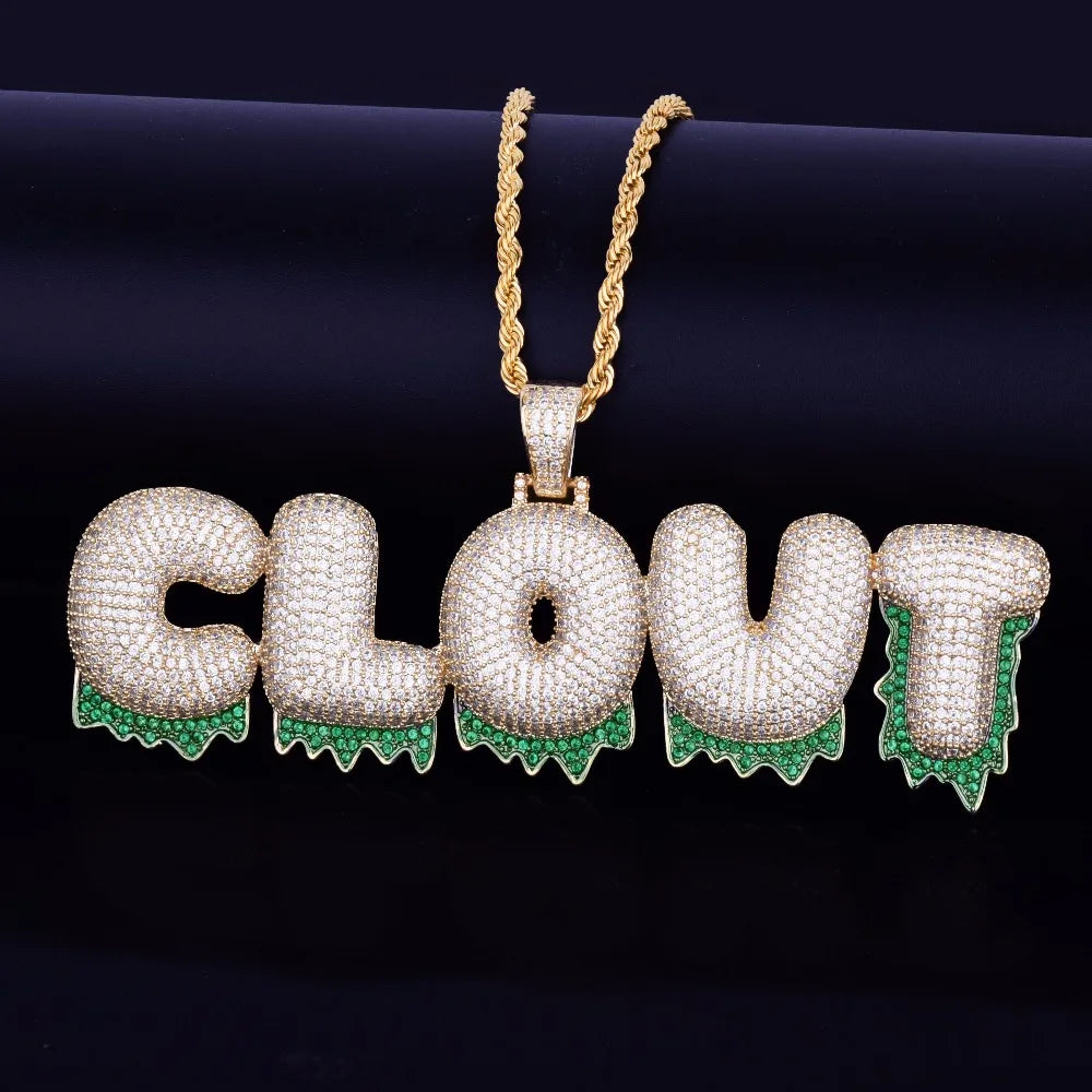 Custom Name Green Color Drip Bubble Letters Pendants Necklaces Men's Zircon Hip Hop Jewelry With 4MM Tennis Chain For Gift