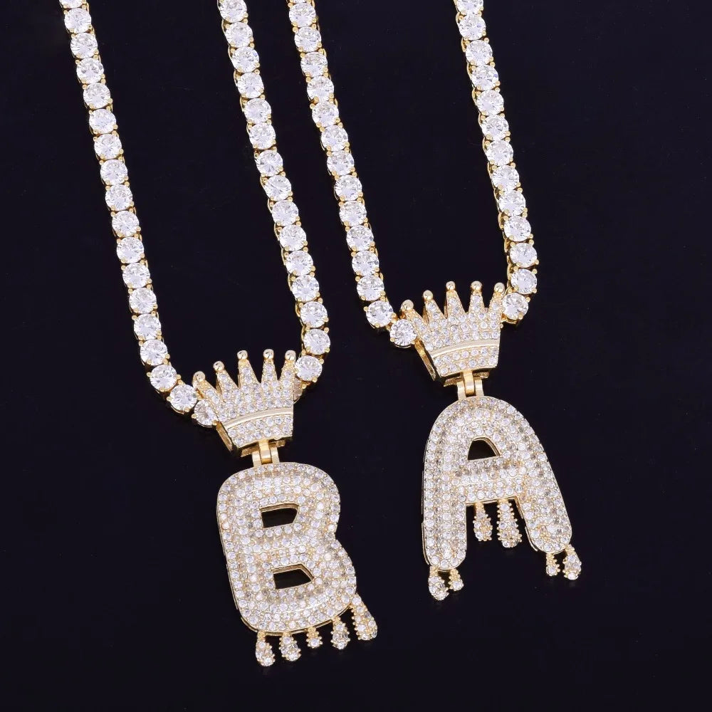 Crown Bail Drip Initials Bubble Letters Pendant With Tennis Chain Necklaces AAA Cubic Zircon Men's Hip Hop Jewelry