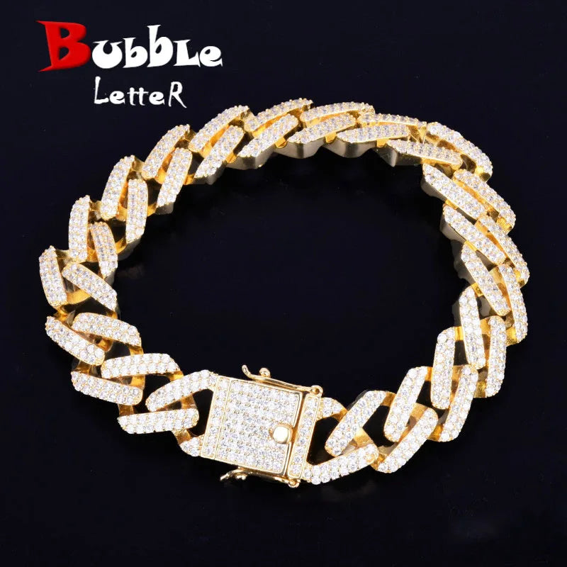 14mm Miami Cuban Link Prong Bracelet Gold Color Iced Out Cubic Zirconia Rock Hip hop Style Men's Jewelry