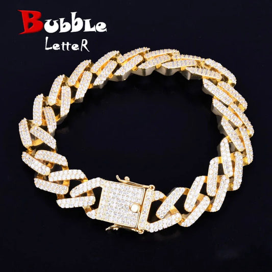 14mm Miami Cuban Link Prong Bracelet Gold Color Iced Out Cubic Zirconia Rock Hip hop Style Men's Jewelry