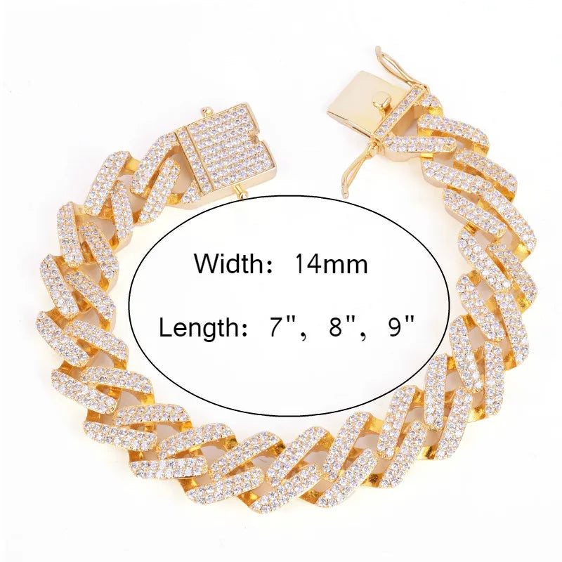 14mm Miami Cuban Link Prong Bracelet Gold Color Iced Out Cubic Zirconia Rock Hip hop Style Men's Jewelry