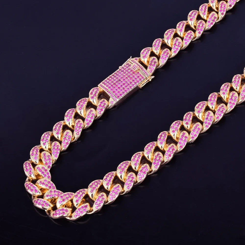 20mm Heavy Pink Color Zircon Miami Cuban Chain Necklace Big Choker Bling Bling Hip hop Men Jewelry Link 16" 18" 20"