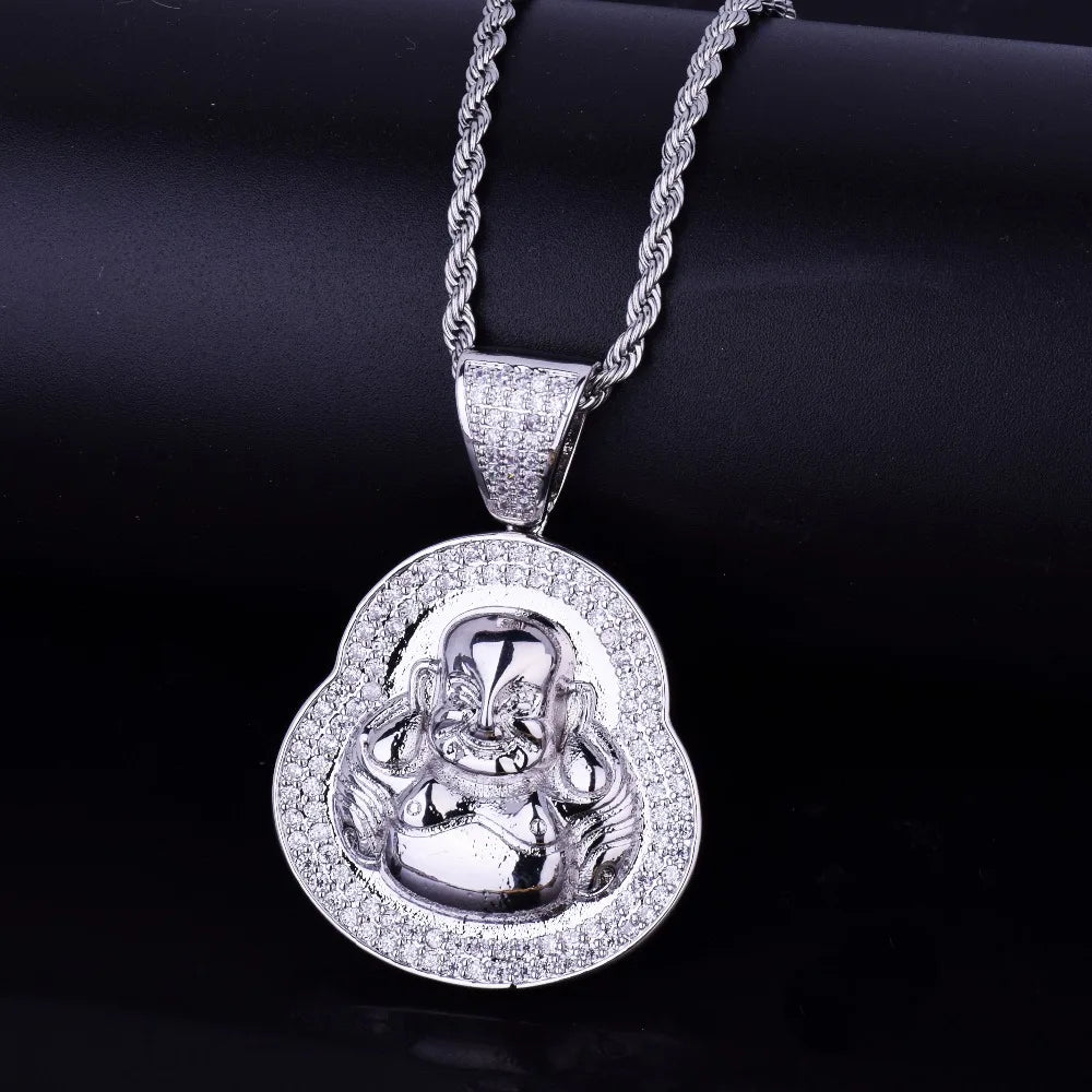 Religious Buddha Pendant Necklace Charms Gold Color Cubic Zircon Men's Hip Hop Jewelry