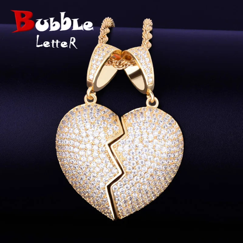 Couple Heart Pendant Necklace Gold Color Plated AAA Cubic Zircon Men's Hip Hop Rock Jewelry