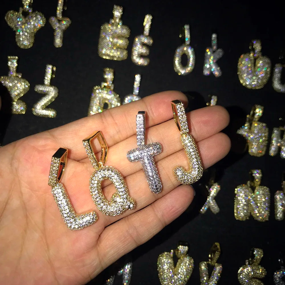 Single Small Bubble Letters Necklaces & Pendant Women Gold Color Cubic Zircon Hip Hop Jewelry Cuban chain