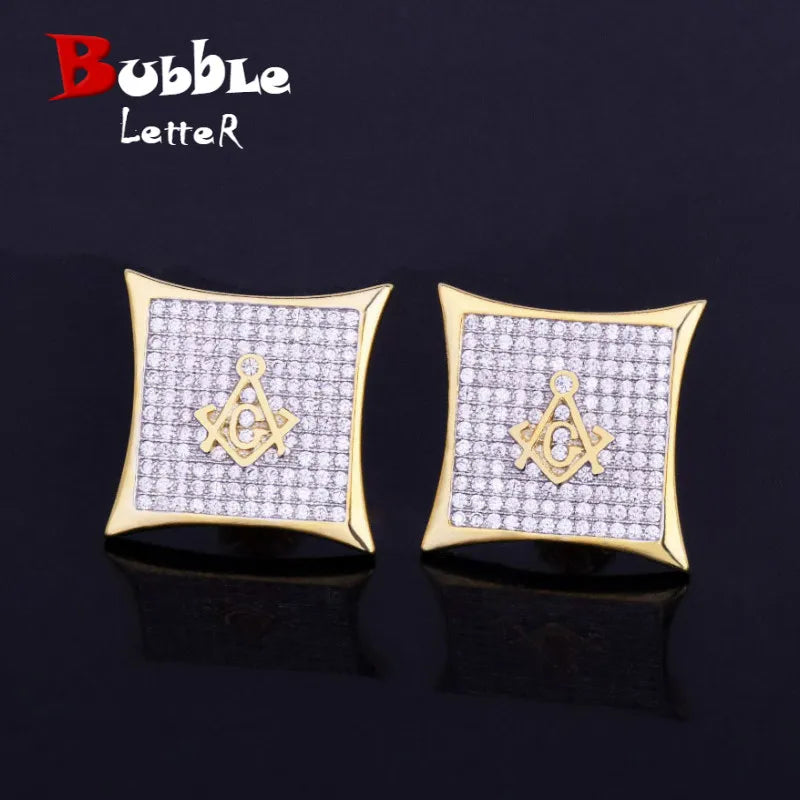 Iced Square Masonic Freemasonry Stud Earring Gold Color Cubic Zircon Earrings For Men Hip Hop Jewelry For Gift 15mm