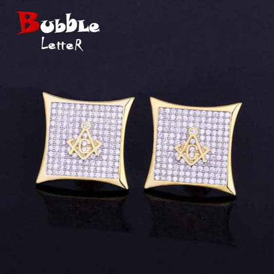 Iced Square Masonic Freemasonry Stud Earring Gold Color Cubic Zircon Earrings For Men Hip Hop Jewelry For Gift 15mm