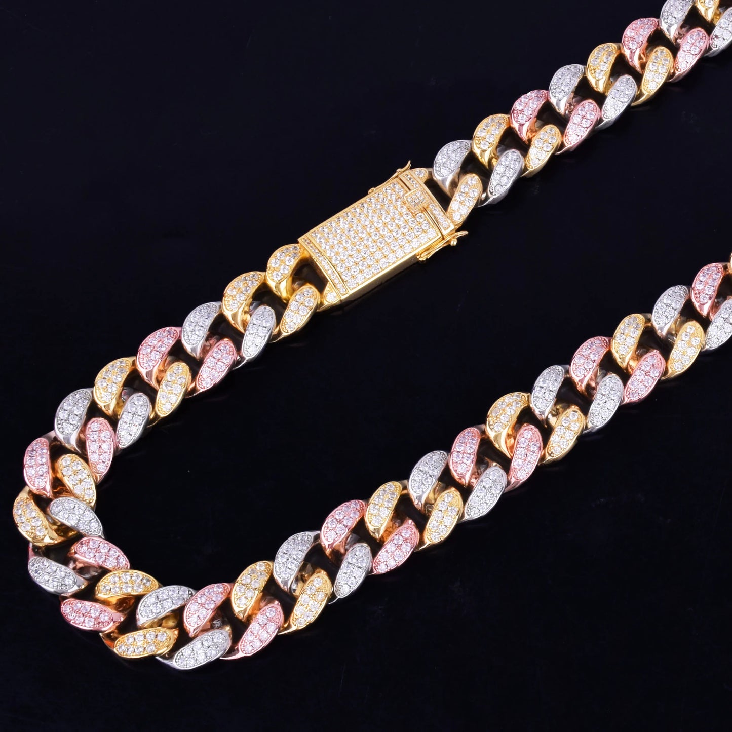 20mm Heavy Gold Color Rose Colorful Zircon Miami Cuban Necklace Choker Men's Hip hop Jewelry Big CUBAN Chain 16" 18" 20"