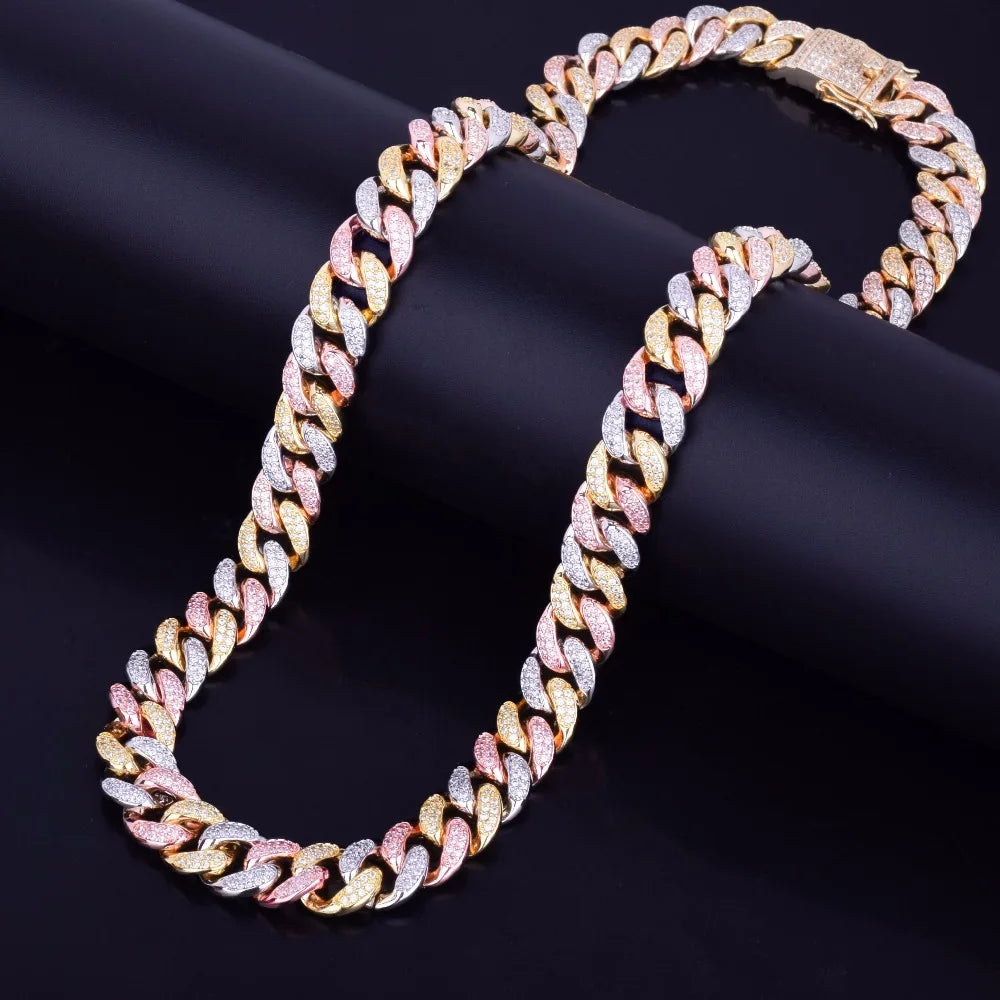 12mm Mixed Color Cuban Necklace Chain Hip hop Jewelry Copper Material CZ Clasp Mens Necklace Link 16-28inch