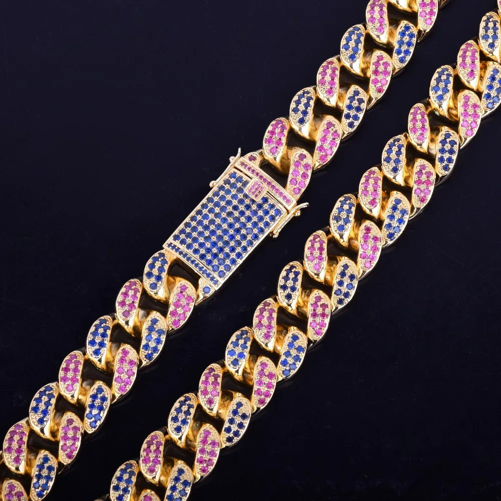 20mm Heavy Colorful Zircon Miami Cuban Necklace Choker Men's Hip hop Jewelry Gold Color CUBAN Chain 16" 18" 20"