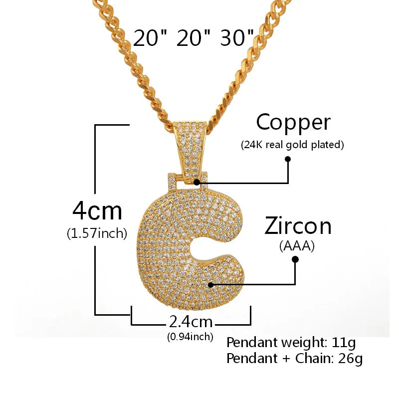 Bubble Letter A-Z Single Necklaces & Pendant Chain For Men Women Gold Color Cubic Zircon Hip Hop Jewelry Gifts