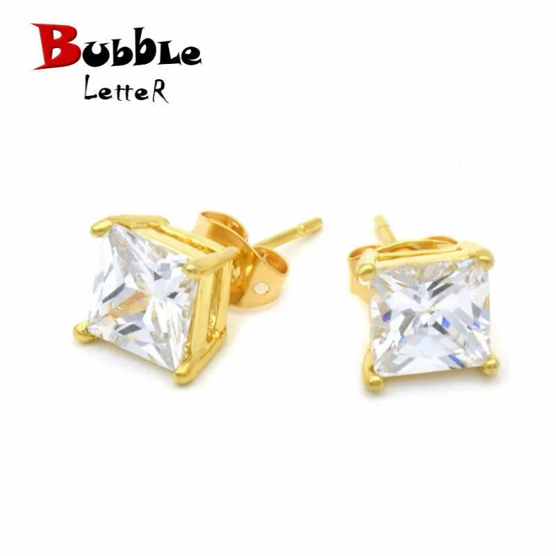 7mm AAA Zircon Stud Earrings Hip Hop Jewelry Copper Material Iced Bling CZ Square Earrings for Women Push-back