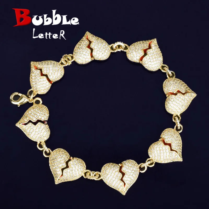 8 Inch Broken Heart Bracelet for Men Gold Color AAAAA Cubic Zircon Hip Hop Jewelry 2022 Trend