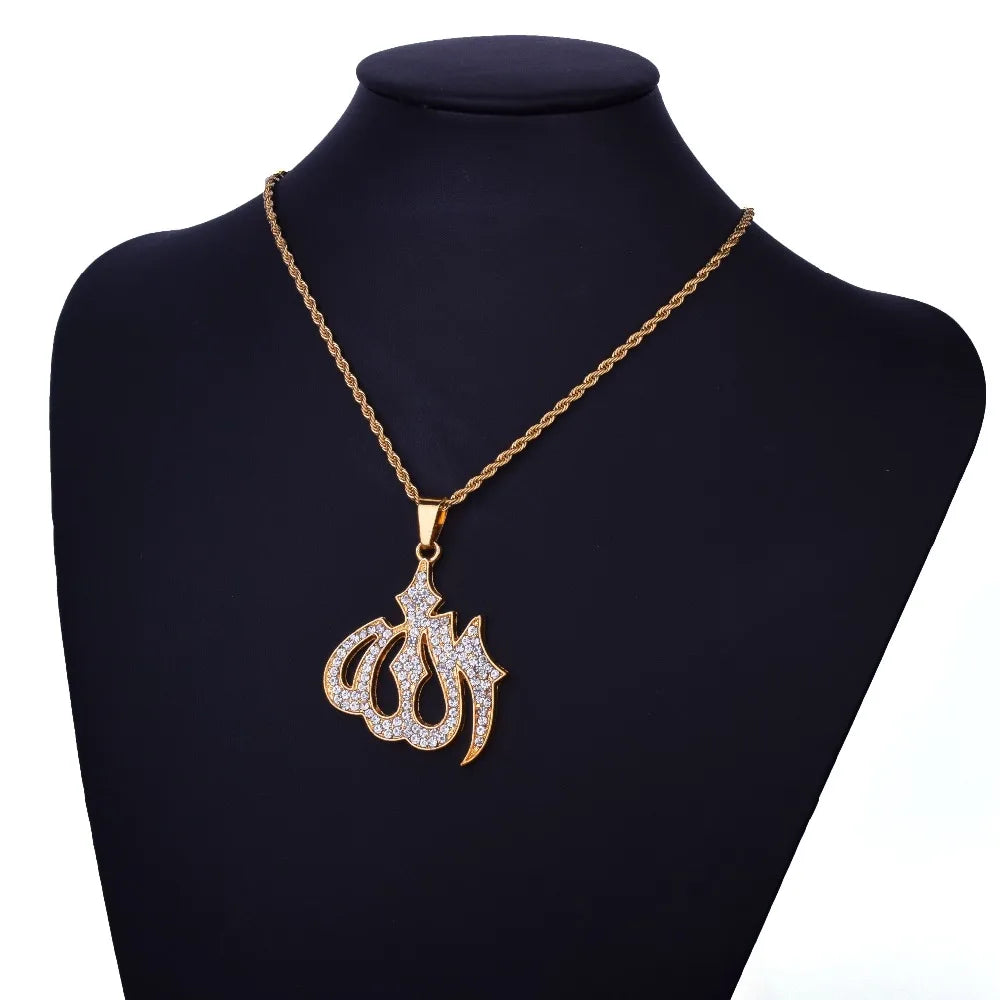 Religious Muslim Jewelry Hip Hop Style Gold Color Bling Crystal Islamic Allah Necklaces & Pendants For Men/Women