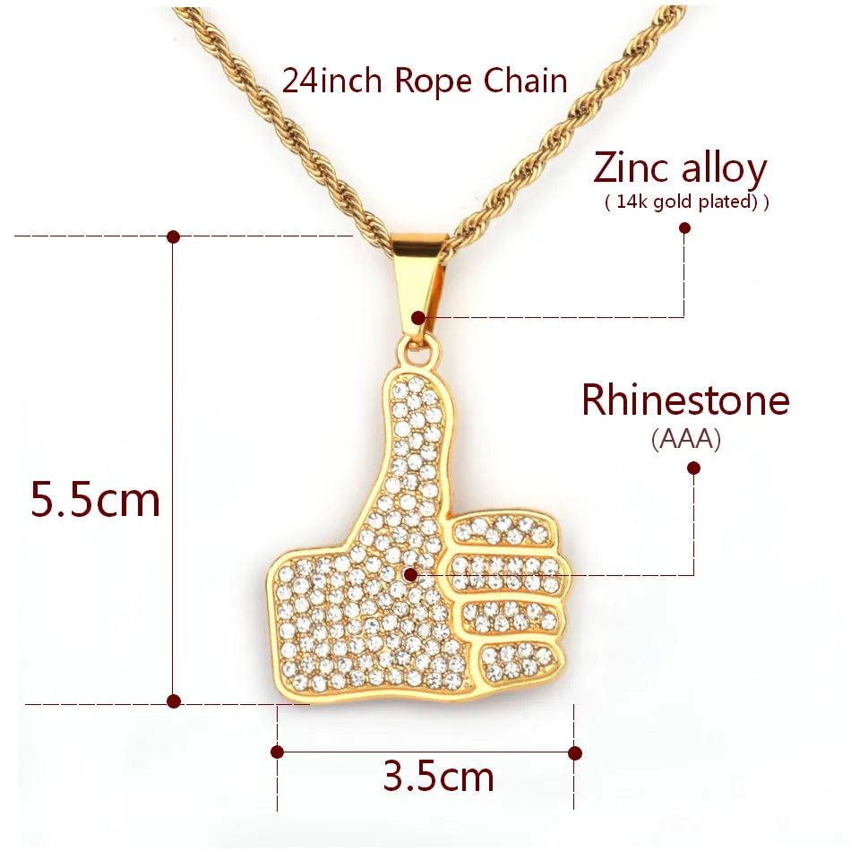 Personality Thumbs Pendant Necklace Charm Alloy Gold Color Iced Rhinestone BlingBling Men's  Hip Hop Jewelry Chain