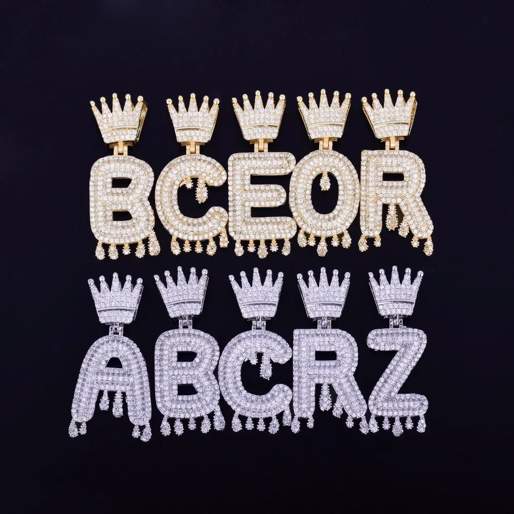 Single Crown Bail Drip Initials Bubble Letters Necklaces & Pendant For Men Women Gold Color Cubic Zircon Hip Hop Jewelry