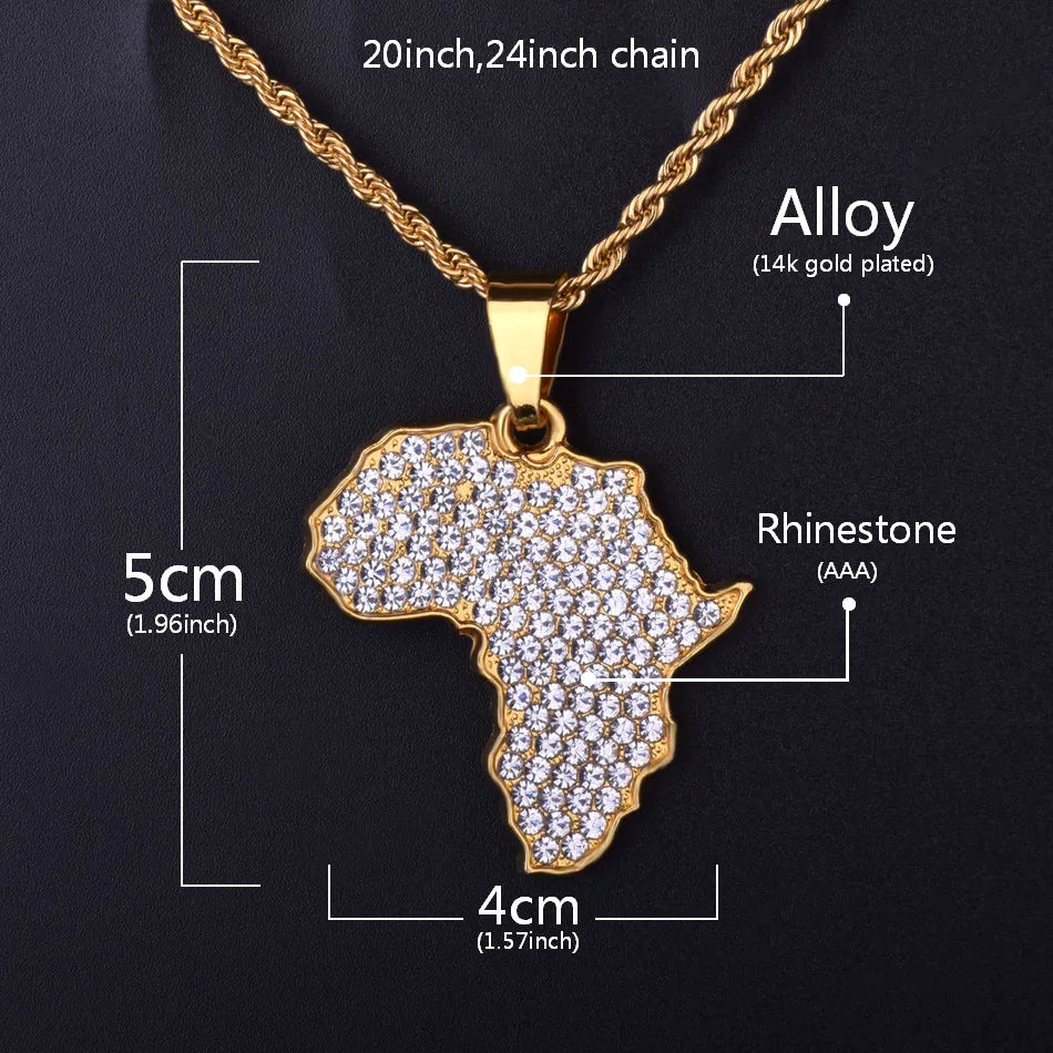 Africa Map Pendant Necklace Bling Rhinestone Crystal Gold Color Hip Hop Chain For Men/Women Gift African Jewelry Wholesale