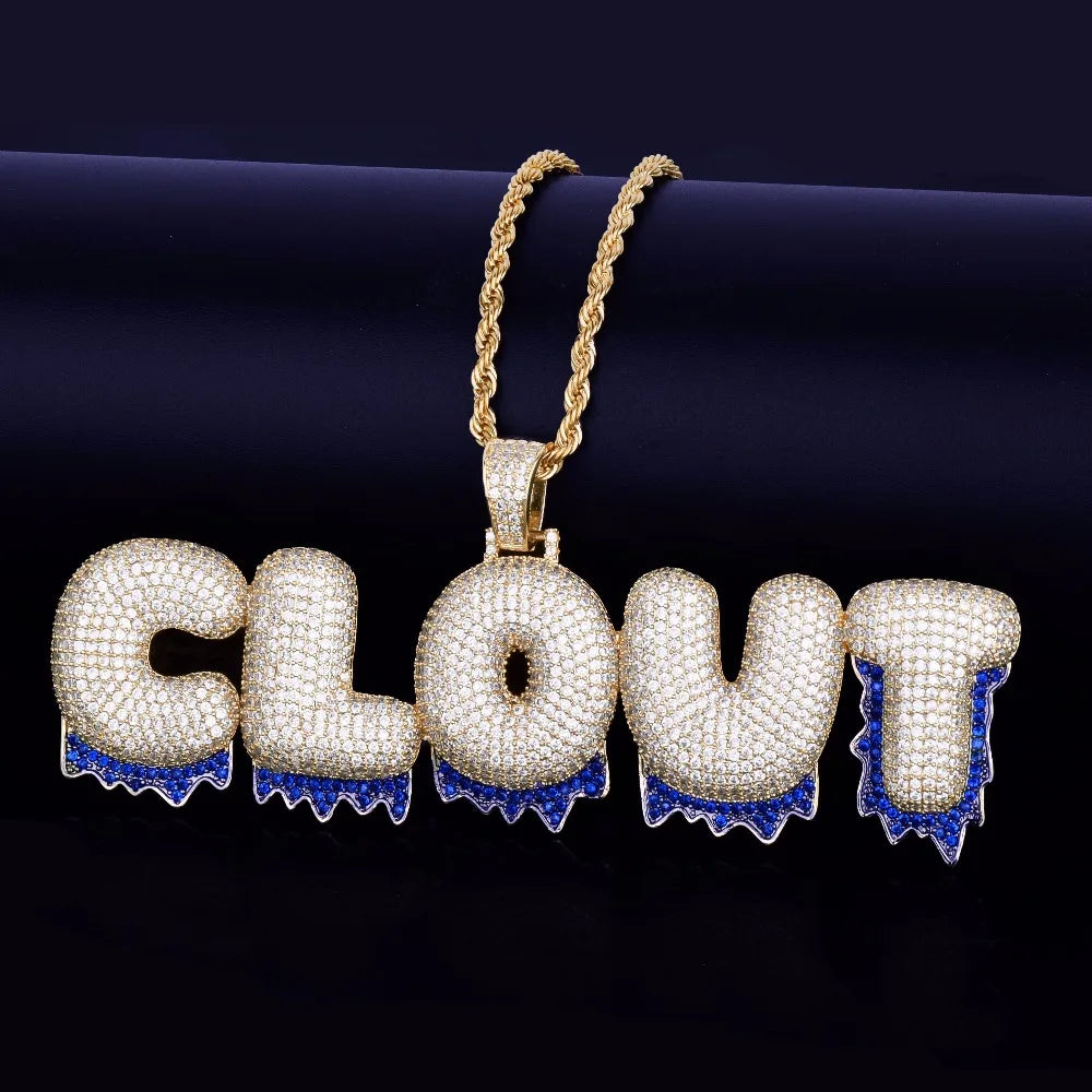 Bubble Letter Custom Name Necklace for Men Blue Drippy Personalized Pendants Real Copper Zircon Hip Hop Jewelry Iced Out Charms