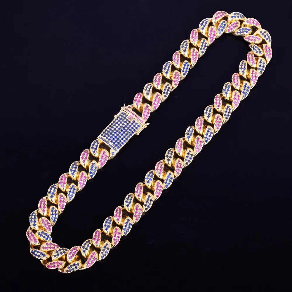 20mm Heavy Colorful Zircon Miami Cuban Necklace Choker Men's Hip hop Jewelry Gold Color CUBAN Chain 16" 18" 20"