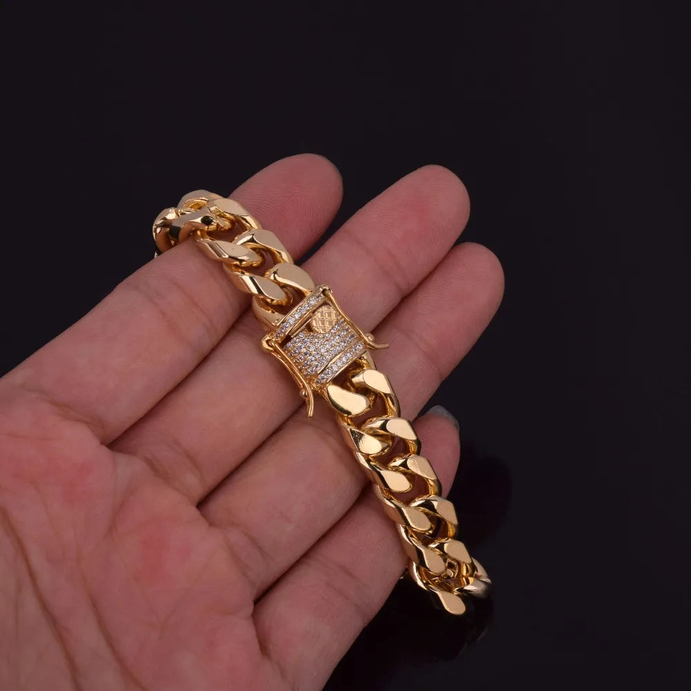 11mm Iced Zircon Cuban Chain Bracelet Men's Hip Hop Jewelry Copper Material Gold Color CZ Clasp Cuban Bracelet Link 8"