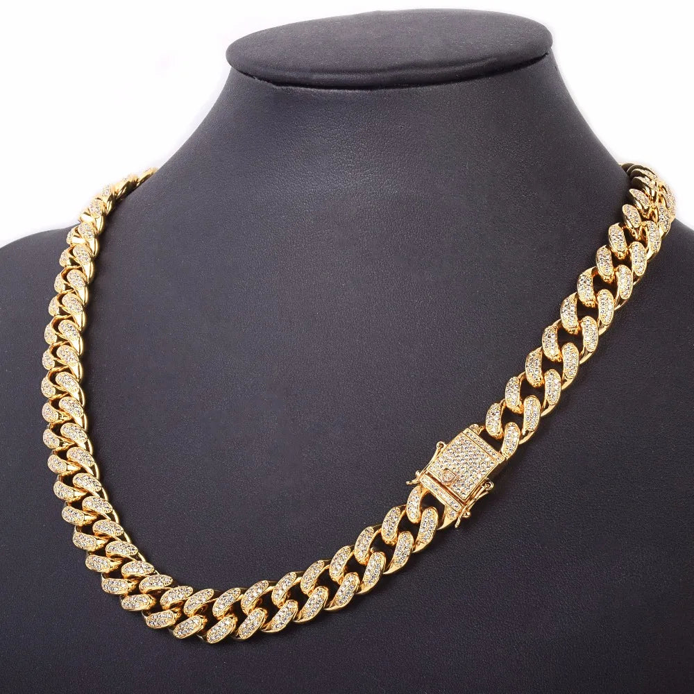 Bubble Letter Iced Miami Cuban Link Chain Men Necklace Hip Hop Jewelry Gold Color Free Shipping Items