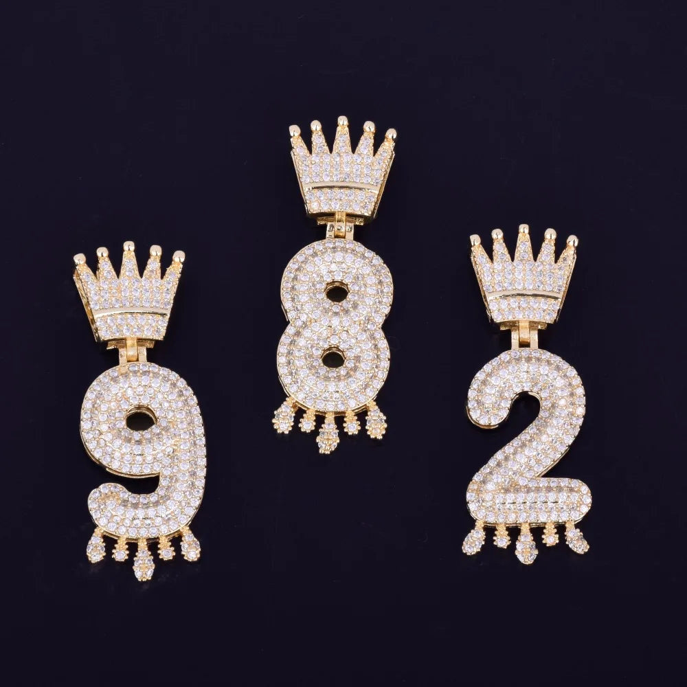 Crown Bail Drip Initials Bubble Number Chain Necklaces & Pendant For Men Women Gold Color Cubic Zircon Hip Hop Jewelry