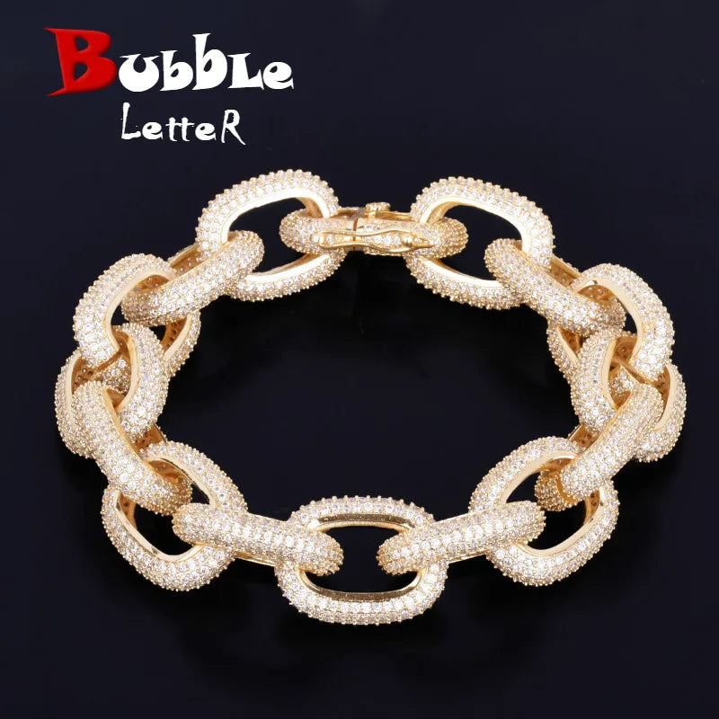 18mm Chunky AAA Zircon Round Cuban Link Bracelet Men's Hip hop Jewelry Gold Color Chain Bangle 7-9"