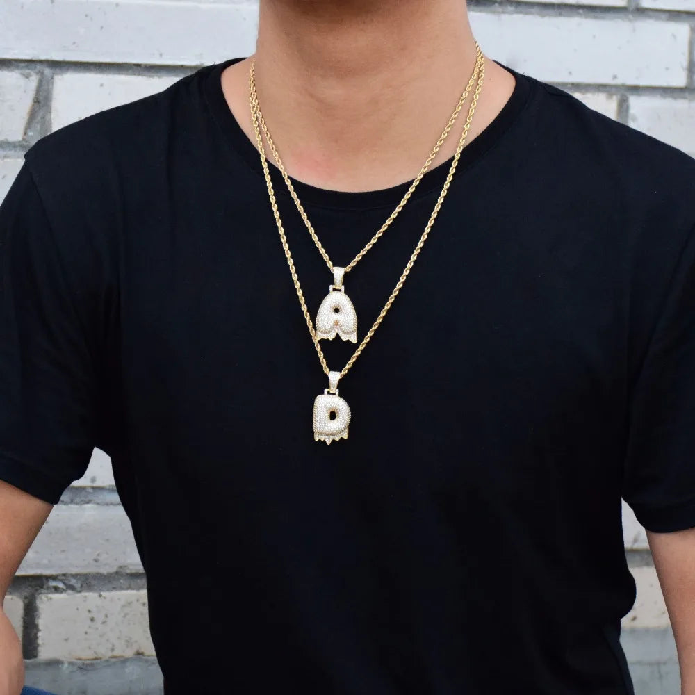 A-Z Single White Color Drip Bubble Letters Necklaces & Pendant Chani For Men Women Gold Color Cubic Zircon Hip Hop Jewelry