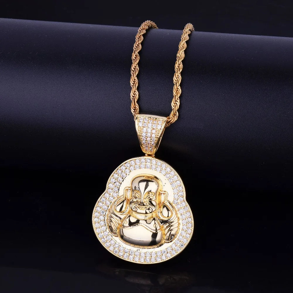 Religious Buddha Pendant Necklace Charms Gold Color Cubic Zircon Men's Hip Hop Jewelry