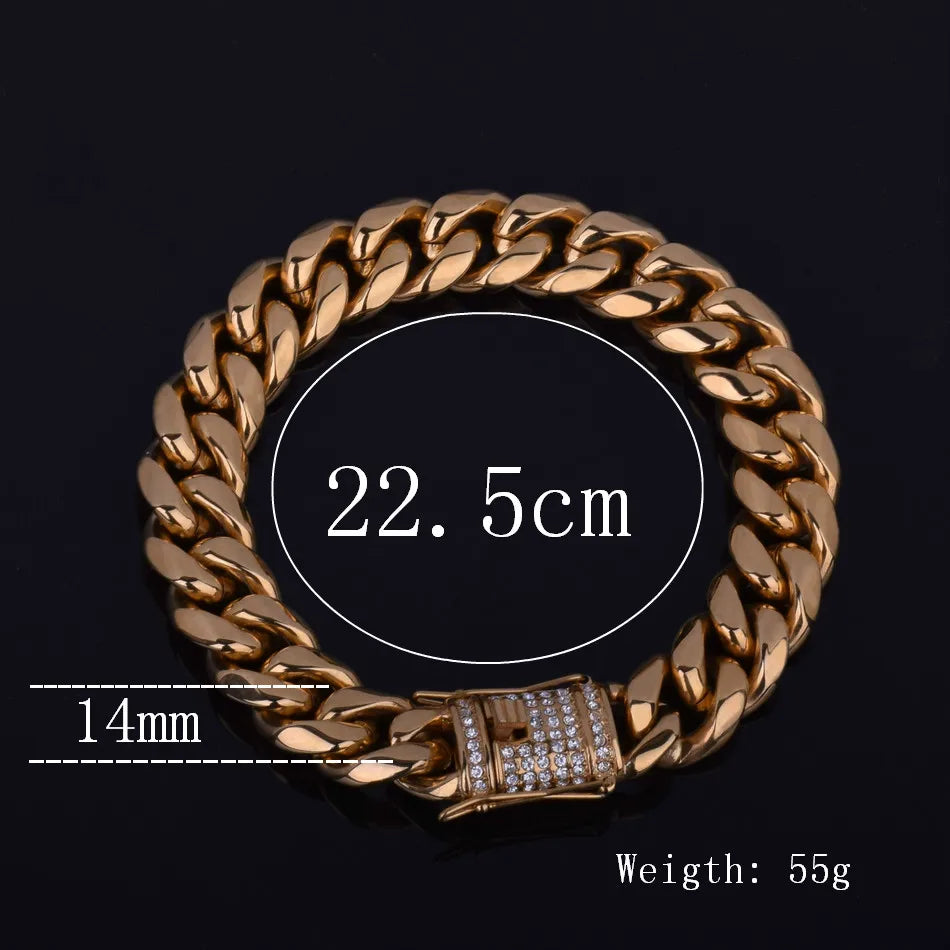 Bubble Letter Men's Stainless Steel Cuban Miami Link Bracelet Iced Rhinestone Clasp Gold Color Hip hop Bracelet Chain 22.5CM