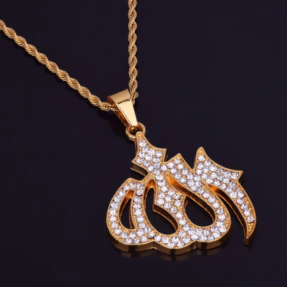 Religious Muslim Jewelry Hip Hop Style Gold Color Bling Crystal Islamic Allah Necklaces & Pendants For Men/Women