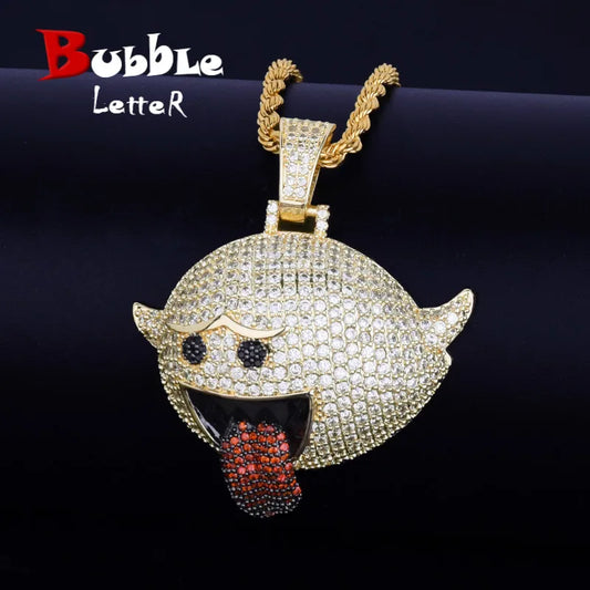 Bubble Letter Flying Ghost Hip Hop Pendant Gold Color Bling Cubic Zircon Men's Necklace Jewelry