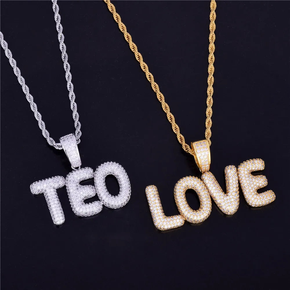 Bubble Letter Custom Name Plates Necklaces for Men Personalized Pendant Charm Zircon Hip Hop Jewelry Iced Out Collares