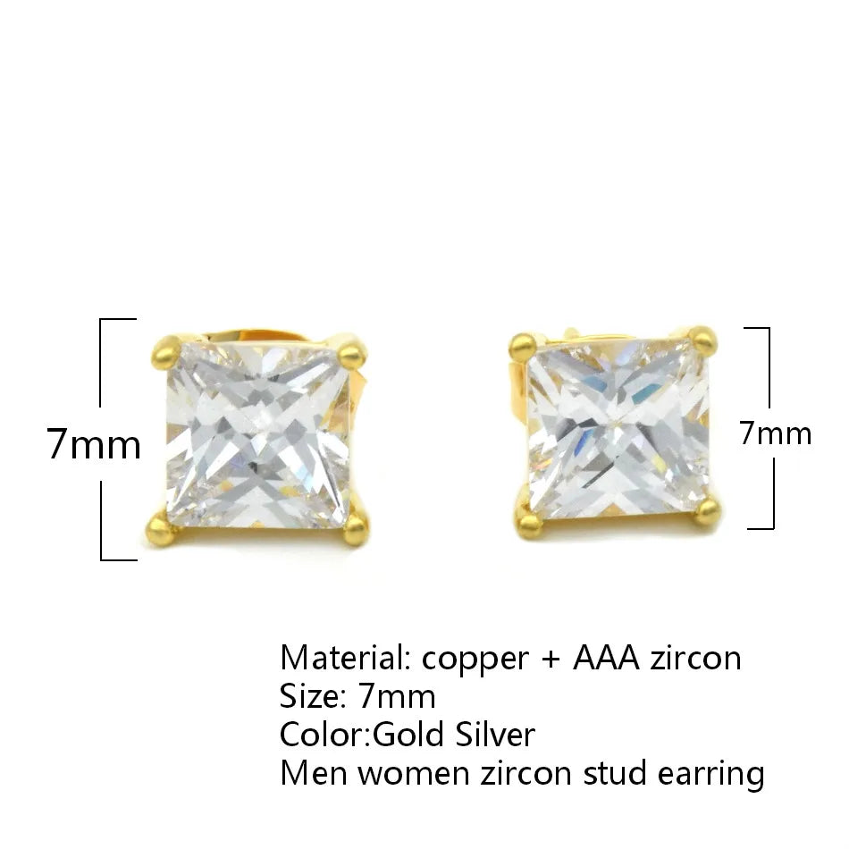 7mm AAA Zircon Stud Earrings Hip Hop Jewelry Copper Material Iced Bling CZ Square Earrings for Women Push-back