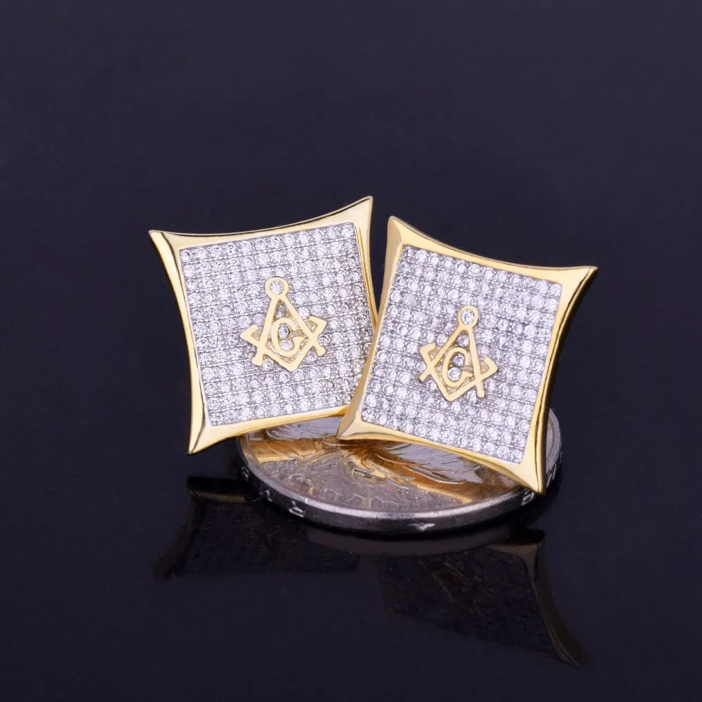 Iced Square Masonic Freemasonry Stud Earring Gold Color Cubic Zircon Earrings For Men Hip Hop Jewelry For Gift 15mm