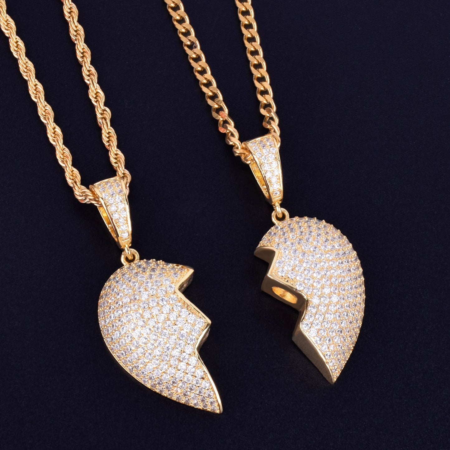 Couple Heart Pendant Necklace Gold Color Plated AAA Cubic Zircon Men's Hip Hop Rock Jewelry