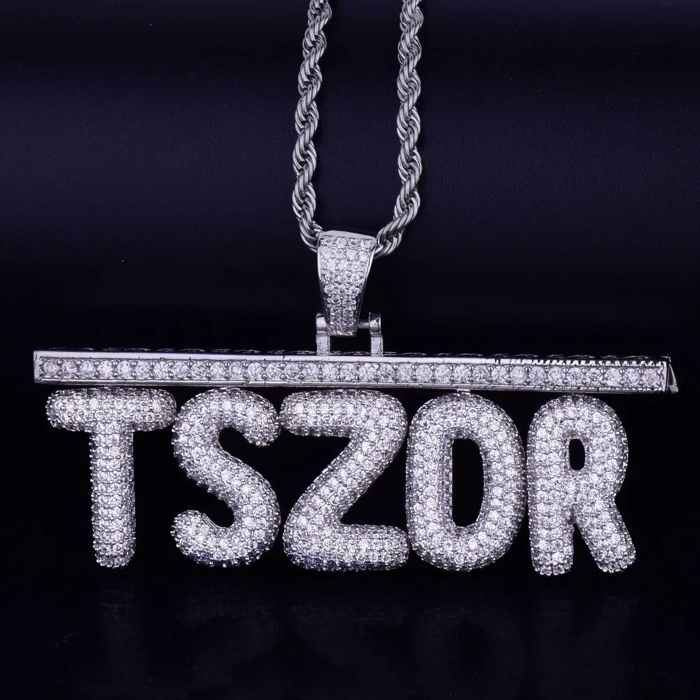 Custom Name Plates Small Bubble Letters Necklaces & Pendants Men's Zircon Hip Hop Jewelry With Rope Chain