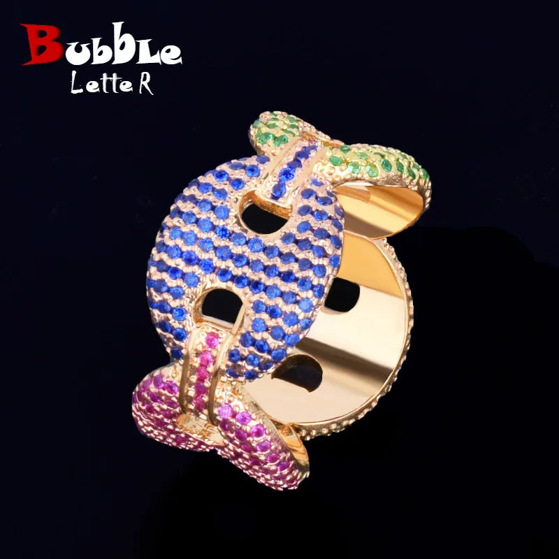 Bubble Letter Cuban Link Rings for Men Colorful Charm Gold Color AAAAA Cubic Zircon Fashion Hip Hop Jewelry For Gift